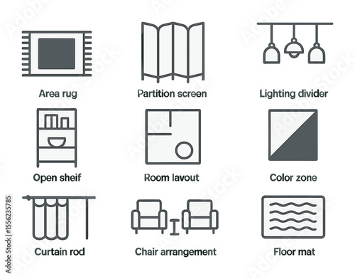 Room Zoning Icons. Flat icon set of room zoning elements: area rug, partition screen, lighting divider, open