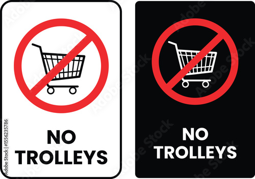No trolleys sign. Shopping cart ban icon. Shopping cart is prohibited. Stop or ban red round sign with shopping cart icon. Vector illustration. No shopping cart icons set