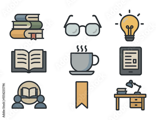 Reading Icon Set. Flat icon set of reading and intellectual exploration: stack of books, reading glasses,