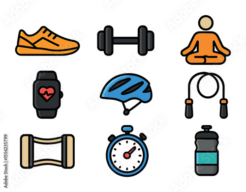 Fitness Icon Set. Flat icon set of fitness and physical well-being discovery: running shoes, dumbbell, yoga