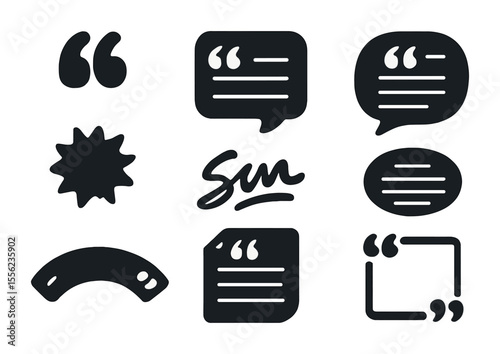 Typographic Icon Grid. Flat icon set of typographic quotes and inspiration: quotation mark icon, speech bubble