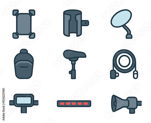 Electric Scooter Accessories. Flat icon set of electric scooter accessories: phone mount, cup holder, side