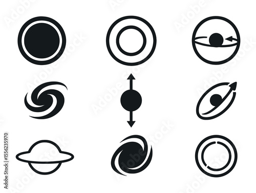Black Hole Icon Set. Flat icon set of black hole anatomy: outer event horizon, inner horizon layer, photon