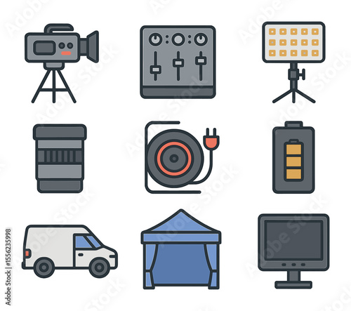 Film Equipment Icons. Flat icon set of location film production gear: tripod-mounted camera, audio mixer,
