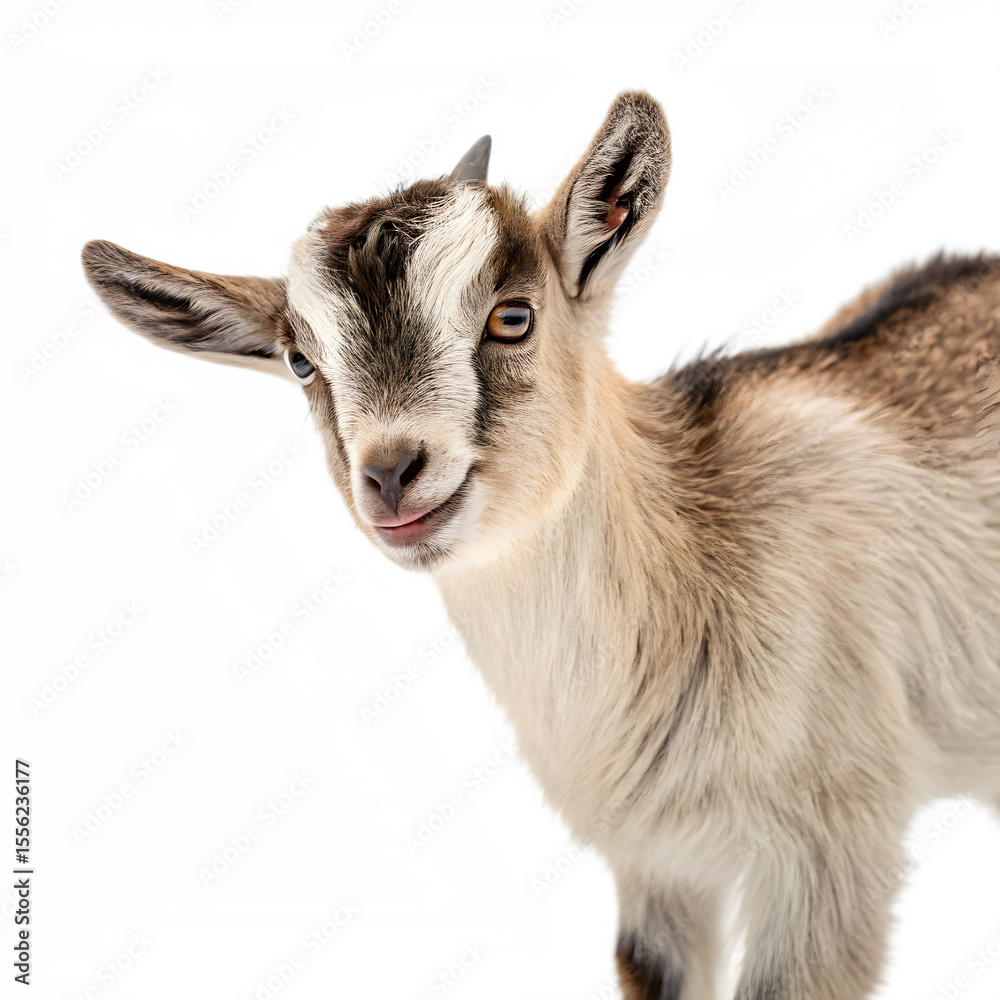 Fototapeta premium An adorable brown baby goat, isolated on transparent background, looks directly at the camera with a sweet expression in a closeup portrait