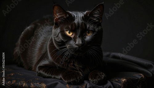 Black Cat with Striking Golden Eyes Posing Gracefully