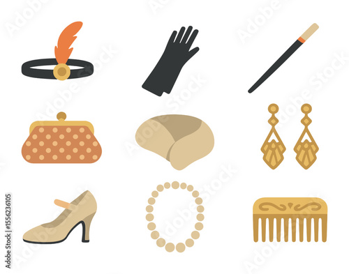 1920s Fashion Icon Set. Flat icon set of 1920s fashion accessories: flapper headband, long gloves, cigarette