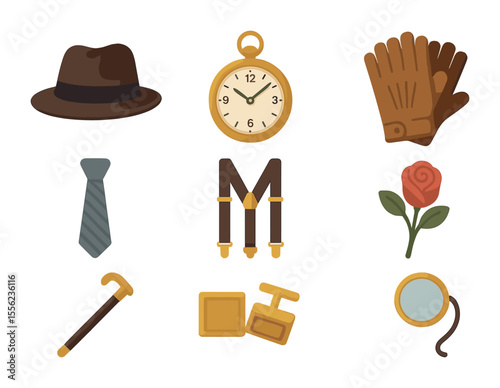 Vintage Men's Accessories Grid. Flat icon set of vintage men’s accessories: fedora hat, pocket watch, leather