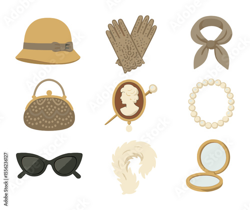 Vintage Accessory Icons. Flat icon set of vintage accessories: cloche hat, lace gloves, silk scarf, brooch pin