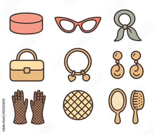 Mid-Century Accessories Icons. Flat icon set of mid-century women’s accessories: pillbox hat, cat-eye glasses,