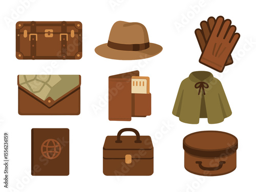 Vintage Travel Icons. Flat icon set of vintage travel fashion: steamer trunk, travel hat, leather gloves, map