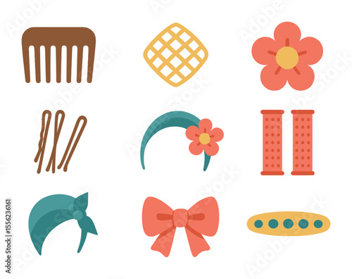 Retro Hair Accessories Icons. Flat icon set of retro hair accessories: hair comb, snood net, flower clip,
