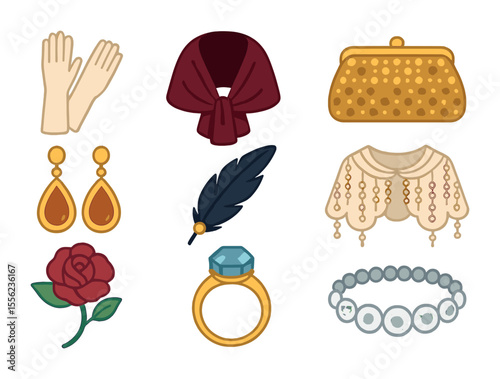 Vintage Evening Icons. Flat icon set of vintage evening wear details: satin gloves, velvet shawl, sequin