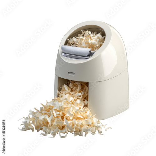 Electric wood shaving machine with shavings isolated on transparent background