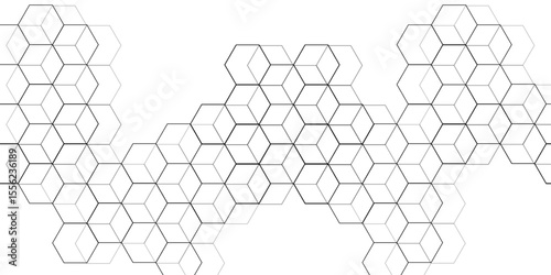 Digital geometric abstraction with lines and dots. Geometric abstract design. white background, seamless pattern of black hexagon grid line. Abstract background with hexagon, modern abstract polygonal