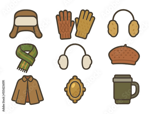 Vintage Winter Fashion Icons. Flat icon set of cold-weather vintage fashion: fur hat, cable-knit gloves, wool