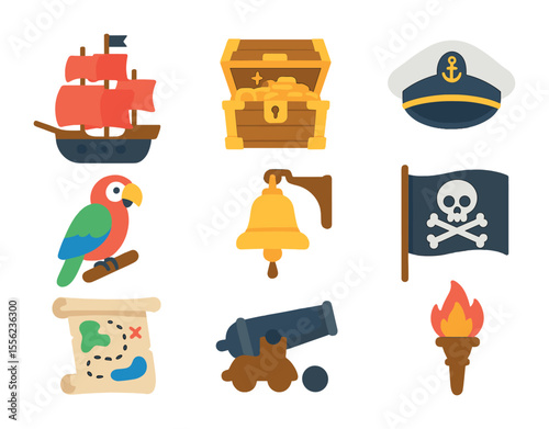 Pirate Adventure Icons. Flat icon set of themed boat experiences: pirate ship, treasure chest, captain’s hat,