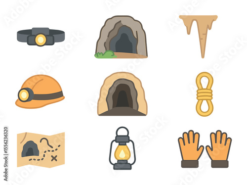 Cave Exploration Icons. Flat icon set of cave exploration: headlamp, limestone cave, stalactite, spelunker