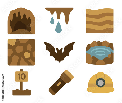 Underground Cave Icons. Flat icon set of underground cave systems: cave chamber, dripping water, rock layers,