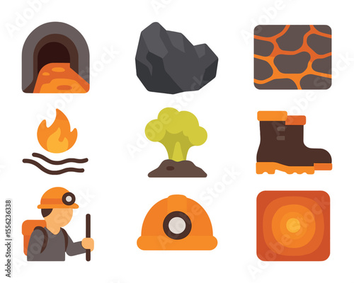 Volcanic Cave Icons. Flat icon set of lava tubes and volcanic caves: lava tunnel, volcanic rock, glowing floor