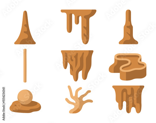 Cave Formation Icons. Flat icon set of cave formations: stalagmite, stalactite, column, soda straw, flowstone,