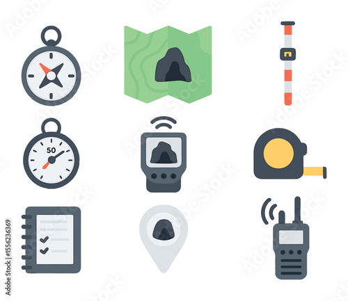 Cave Mapping Tools Icons. Flat icon set of cave mapping and research tools: compass, topographic map, survey