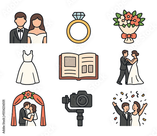 Wedding Photography Icons. Flat icon set of wedding photography essentials: couple pose icon, wedding ring,