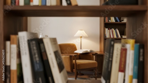 Cozy reading nook with bookshelves, armchair, and soft lighting