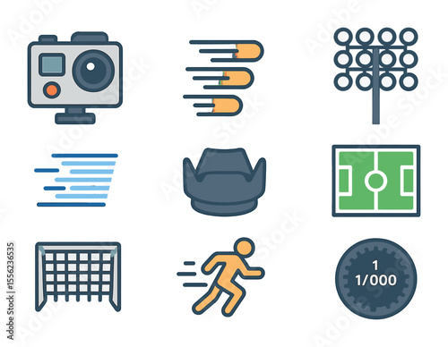 Sports Photography Icons. Flat icon set of sports photography: action camera, high-speed burst icon, stadium