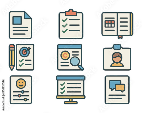 Education Icons Grid. Flat icon set of responsibility in education: assignment paper, homework checklist,