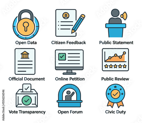 Public Accountability Icons. Flat icon set of public accountability: open data icon, citizen feedback form,