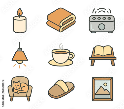 Cozy Comfort Icons. Flat icon set of comfort and ambiance: candle, warm blanket, sound machine, indoor slipper
