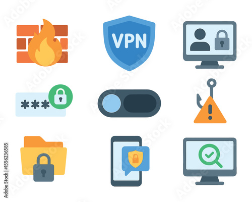Cyber Safety Icons. Flat icon set of cyber safety for remote work: firewall icon, VPN shield, secure login,