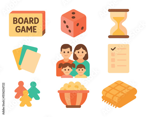 Family Game Night Icons. Flat icon set of family board game night: board game box, dice, timer, game cards,