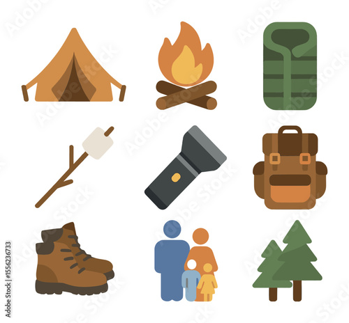 Camping Icon Set. Flat icon set of family camping trip: tent, campfire, sleeping bag, marshmallow stick,