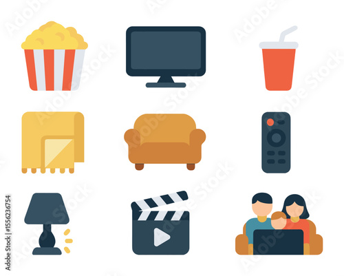 Family Movie Night Icons. Flat icon set of family movie night: popcorn bucket, TV screen, remote control,