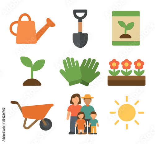 Family Gardening Icons. Flat icon set of family gardening day: watering can, shovel, seed packet, plant sprout