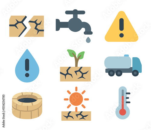 Water Scarcity Icons. Flat icon set of water scarcity awareness: cracked earth, empty water tap, warning sign,