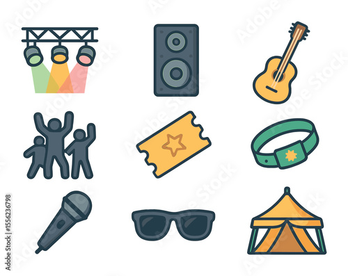 Summer Music Festival Icons. Flat icon set of summer music festivals: stage lights, speaker tower, guitar,