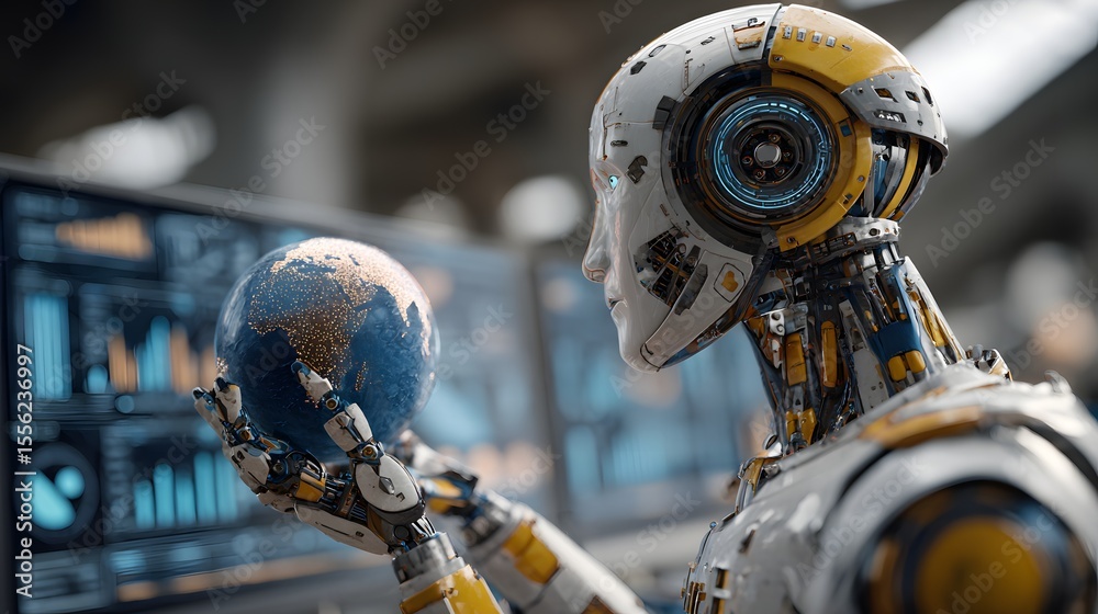 Fototapeta premium AI Robot Assistant Projecting 3D Globe and Data Charts in Futuristic Study Room