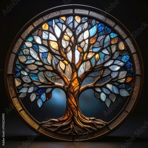 Stunning Stained Glass Tree Artwork in Circular Frame