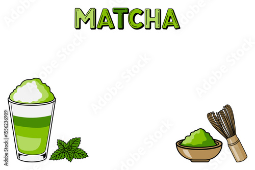 Matcha tea illustration with whipped drink, powder, and whisk
