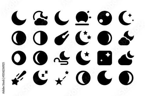 Night and moon solid fill icon set