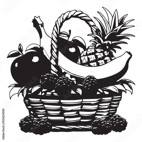 Black and white illustration of a woven basket overflowing with fresh fruits