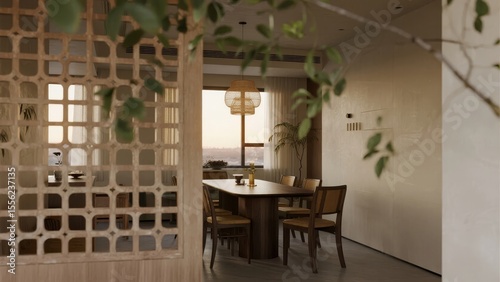 Modern dining room with wooden table, chairs, and decorative lattice partition