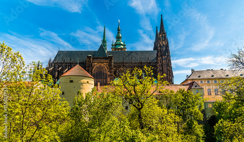 A view from the castle gardens towards the cathedral side in the castle complex in Prague in springtime
