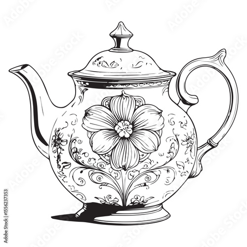 Elegant black and white line art drawing of a vintage teapot with floral ornamentation