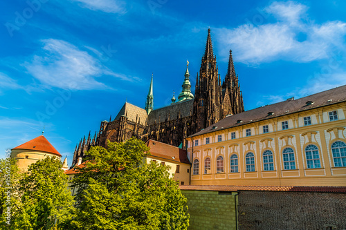 A view from the castle gardens along the north side of the cathedral in the castle complex in Prague in springtime