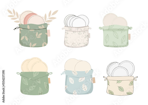 Reusable cotton pads in cloth pouch with leaf print, soft minimal beauty care icon in eco-pastel palette 