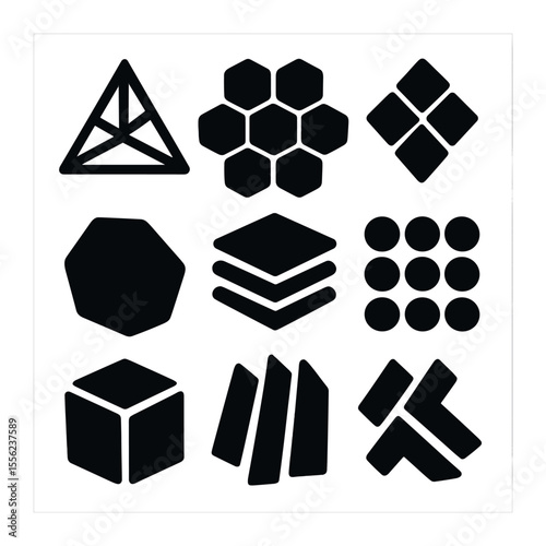 3D Form Icon Set. Solid, filled icons set of 3D form patterns: voxel cube, extrusion loop, height map, depth